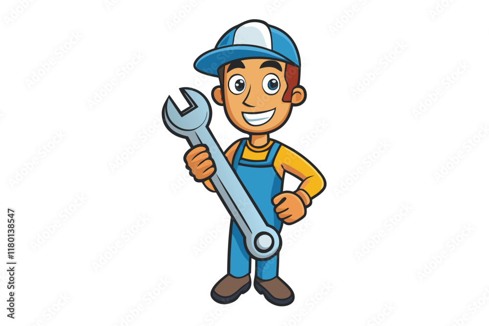smiling cartoon mechanic character with wrench tool, dressed in bright uniform, perfect for repair service illustrations