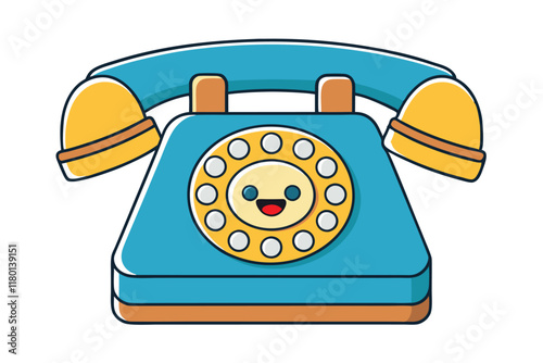colorful retro telephone illustration with detailed rotary dial, bright blue and orange hues, perfect for technology themed graphics