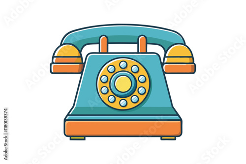 retro style telephone illustration with rotary dial and vibrant blue yellow orange theme, suitable for communication graphic designs