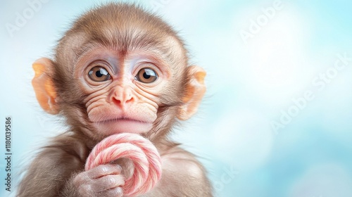 A baby monkey holding a candy cane in its mouth