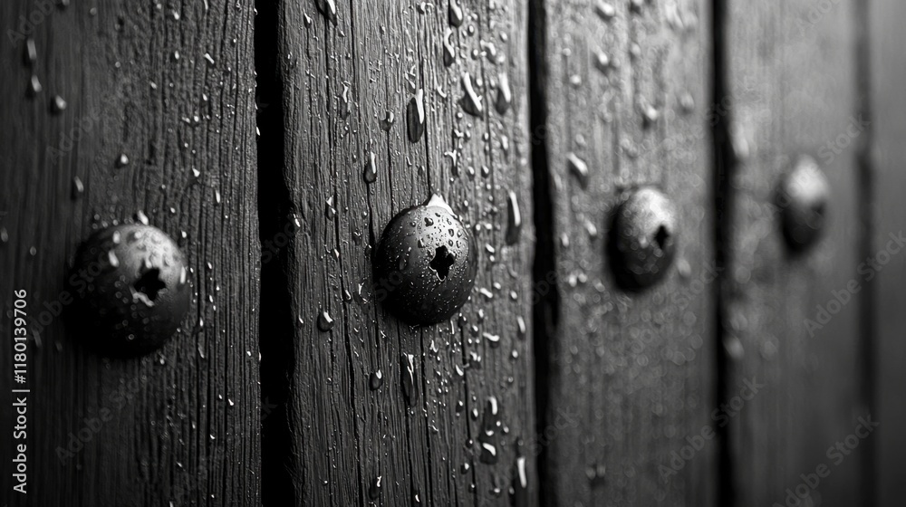 Fototapeta premium A black and white photo of a wooden door with water droplets on it