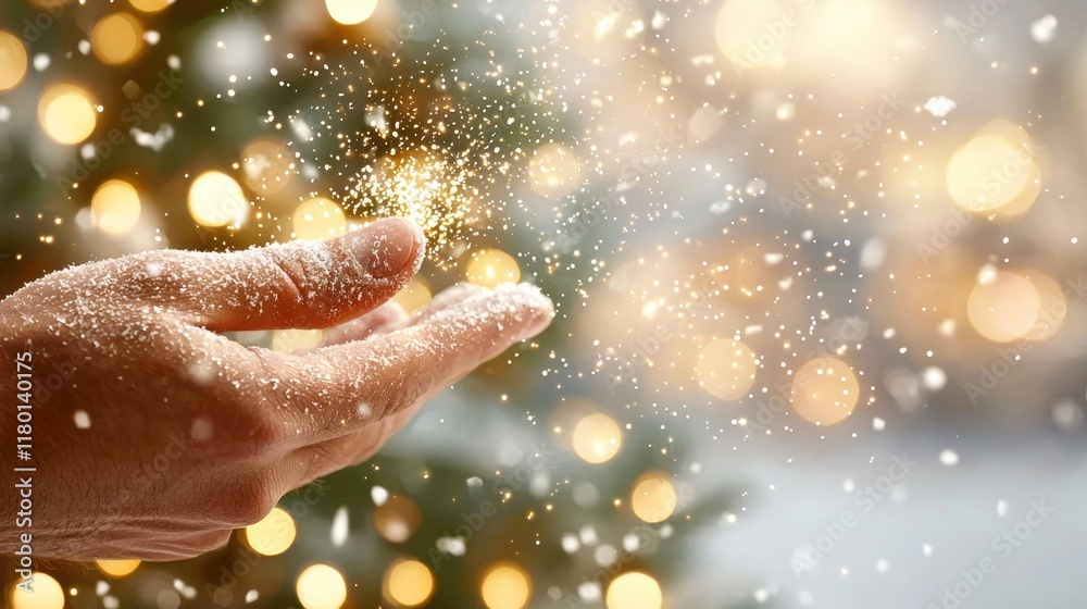 A person's hand holding a snowflake in front of a Christmas tree A person's hand holding a snowflake in front of a Christmas tree