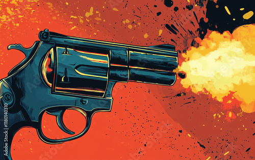 Dynamic Vector Illustration of an Old Revolver Firing with Flames and Sparks, Highlighting Classic Firearm Design and Action Themes photo