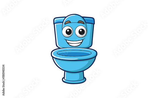 funny cartoon toilet mascot with smiling face, expressive eyes, and bright blue design isolated on clean white background