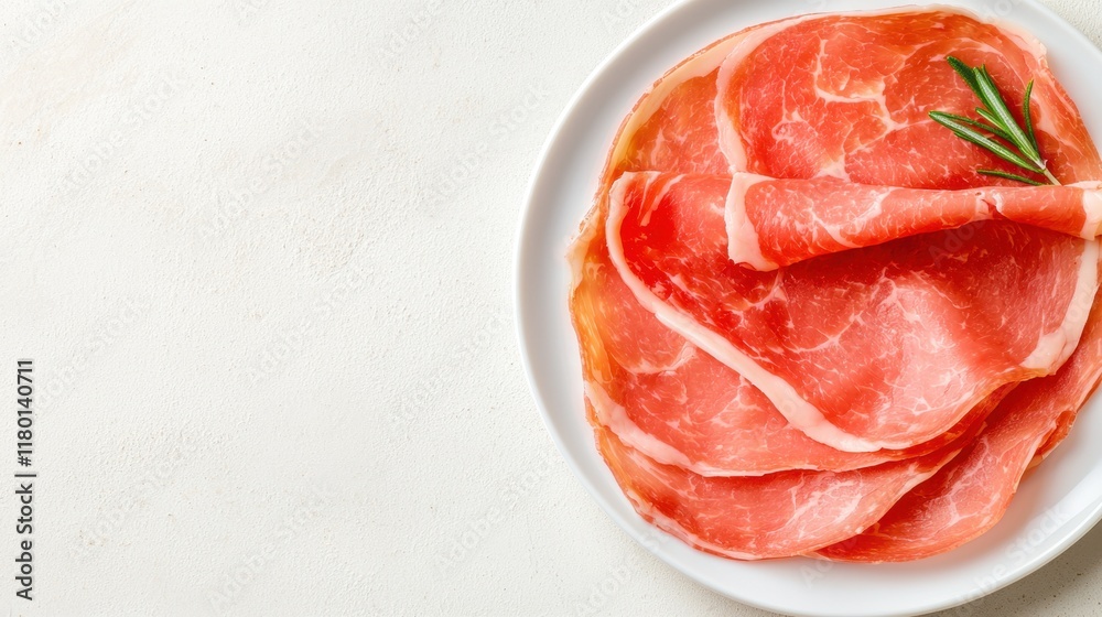 A white plate topped with slices of ham and a sprig of rosemary A white plate topped with slices of ham and a sprig of rosemary
