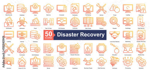 Disaster Recovery Icon Collection Set.Containing data security, database, virus, back up, computer, publication, file backup, service, threat icon. Simple outline gradient style Vector Illustration.	