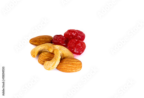 Natural nuts with dried cherries on a white background, vegetarian food