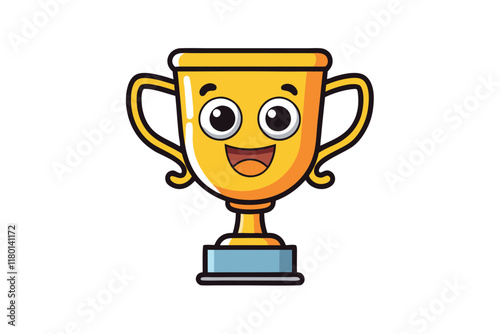 adorable cartoon trophy cup character with cheerful facial expression, bright golden design, and playful style isolated on white