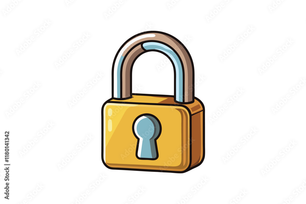 vibrant cartoon padlock illustration with shiny golden lock, blue shackle, and keyhole, representing safety and privacy on white background vibrant cartoon padlock illustration with shiny golden lock, blue shackle, and keyhole, representing safety and privacy on white background