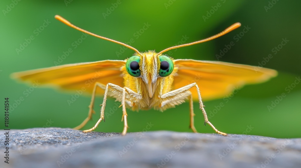 Fototapeta premium A yellow moth with green eyes sitting on a rock