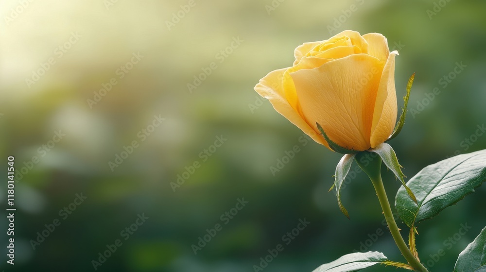 A single yellow rose with green leaves in the background A single yellow rose with green leaves in the background