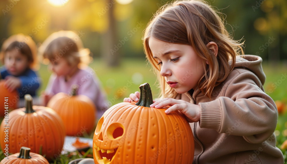 Fototapeta premium Child artist concentrating on pumpkin carving in autumn backyard, Halloween fun
