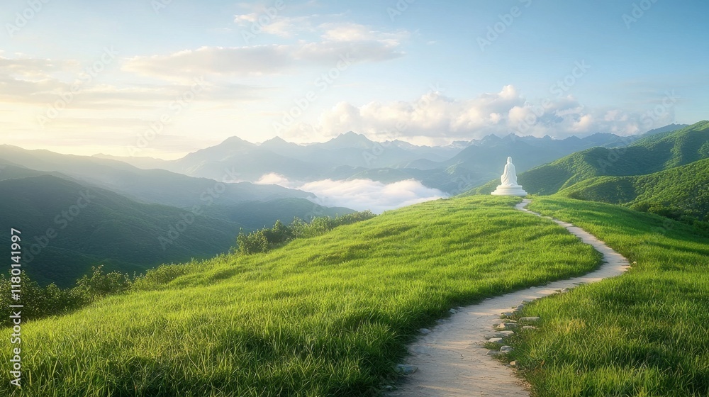 Naklejka premium A path leading to a white statue on top of a lush green hillside