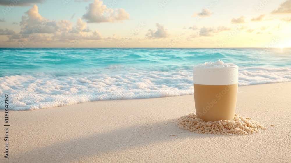 A cup of coffee sitting on top of a sandy beach A cup of coffee sitting on top of a sandy beach