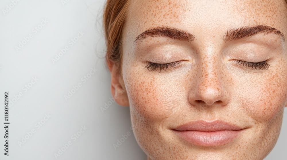 Fototapeta premium A woman with freckles on her face with her eyes closed