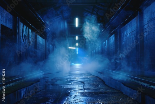 Dark urban scene with wet asphalt  neon lights  and smoke. photo