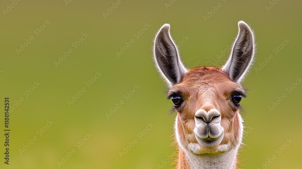  A close up of a llama's face with a green background
