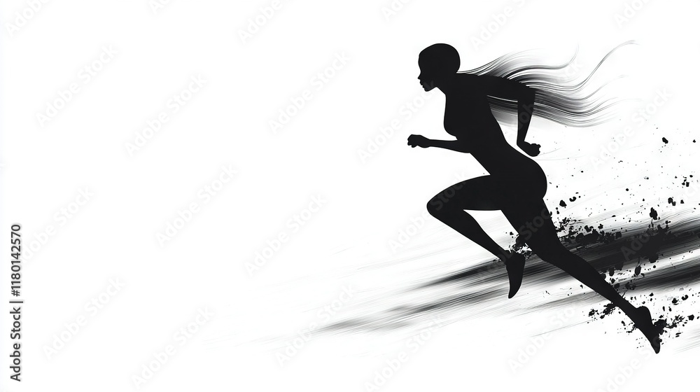 A woman runs, her hair billows behind her, against a white backdrop A woman runs, her hair billows behind her, against a white backdrop
