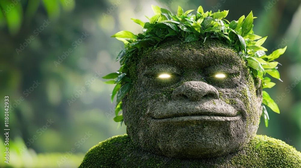 Obraz premium A moss covered statue with a wreath of leaves on his head