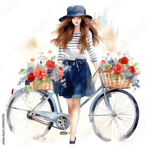 Parisian woman walking with bicycle decorated with flowers for bastille day photo