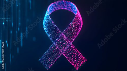 World Cancer Day oncology cure concept. Digital ribbon design in vibrant pink and blue colors on a dark background.