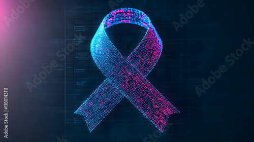 World Cancer Day oncology cure. Digital ribbon design in vibrant colors against a dark background.