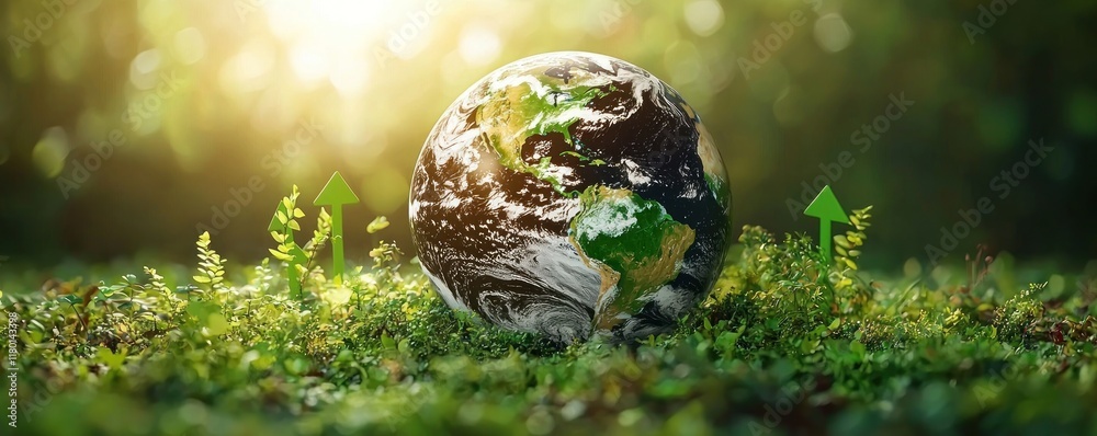 Earth globe on grass with growth arrows, light background, nature imagery. Earth globe on grass with growth arrows, light background, nature imagery.
