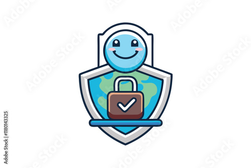 colorful vpn security shield with cheerful face, padlock, and digital globe, representing data privacy, secure networks, and protection