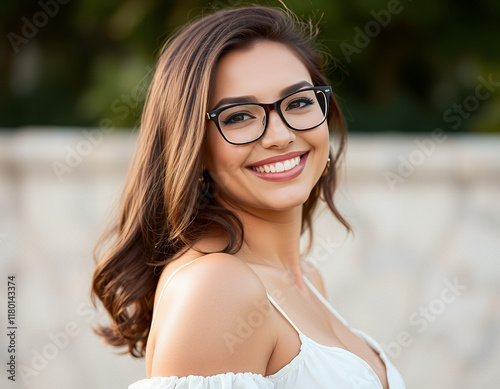 Portrait of a smiling woman with sunglasses enjoying a sunny day outdoors at the beach, radiating happiness and beauty in a natural summer setting photo