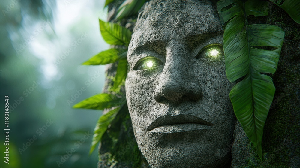 Obraz premium A stone face with green eyes in the middle of a forest