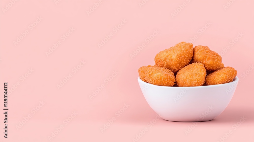 Bowl of crispy breaded chicken nuggets on pastel pink background, minimalistic snack food concept, isolated with copy space for text, modern food photography
Bowl of crispy breaded chicken nuggets on pastel pink background, minimalistic snack food concept, isolated with copy space for text, modern food photography