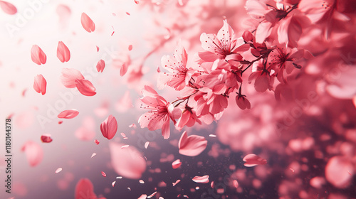 Background in pink tones with cherry blossom and falling petals, spring, romantic theme