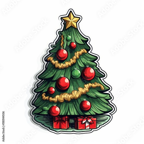 sticker sticker. New Year's green Christmas tree decorated with red balls