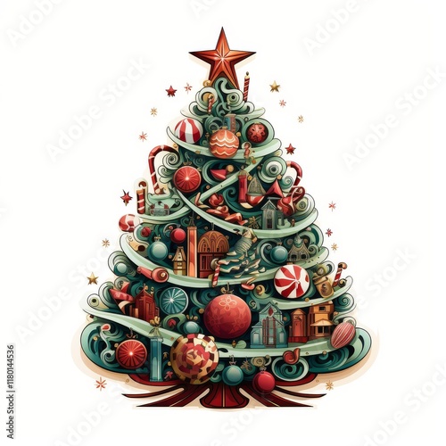 sticker sticker. New Year's green Christmas tree decorated with red balls