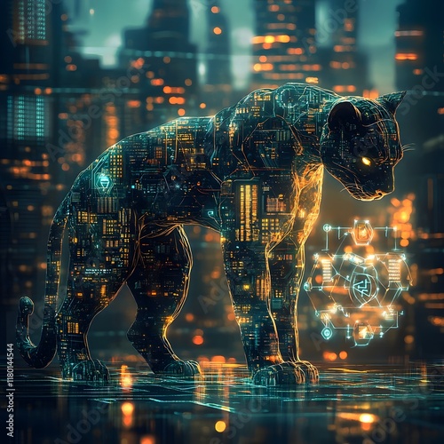 Panther Infused With Urban Skyscraper Textures Illuminated by City Lights with Levitating Tech Symbols