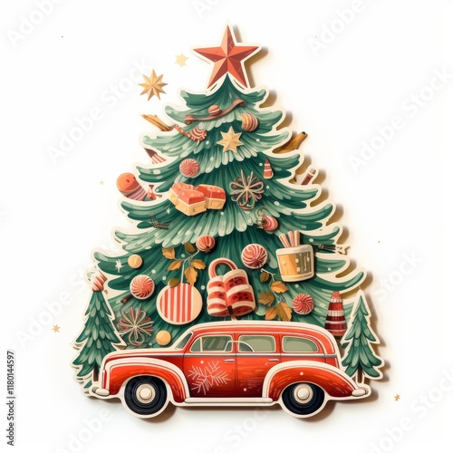sticker sticker. New Year's tree. Next to a red car