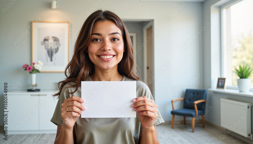 Young woman smiling while holding a blank card in modern room, positivity Young woman smiling while holding a blank card in modern room, positivity