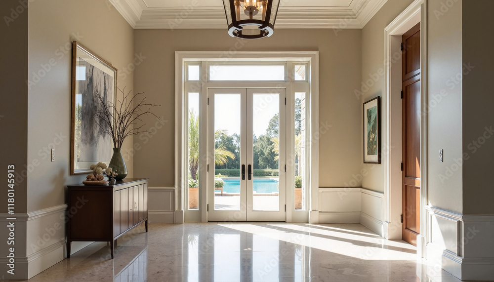 Fototapeta premium Elegant foyer with large windows overlooking a serene pool