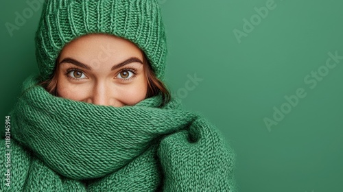 A woman wearing a green knitted hat and scarf