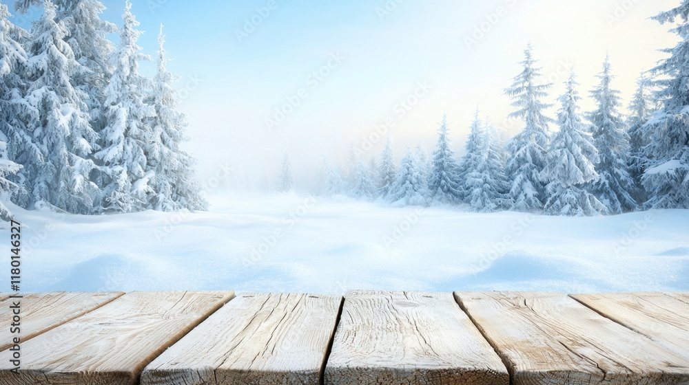 A wooden table in the middle of a snowy forest A wooden table in the middle of a snowy forest