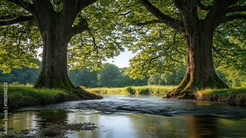 A pair of large trees at the edge of a river, creating a scenic and peaceful view.  photo