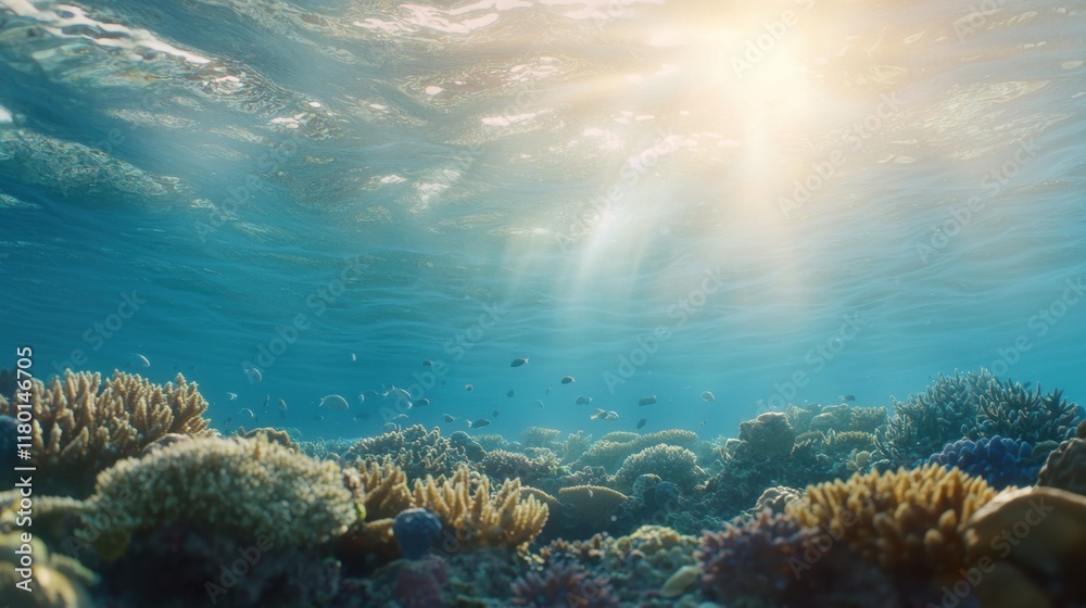 Obraz premium A large group of fish swimming over a coral reef