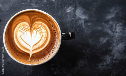 Heart-shaped latte art in a black mug on a textured gray surface. Valentine’s Day idea, date, engagement party, love party, eat, food