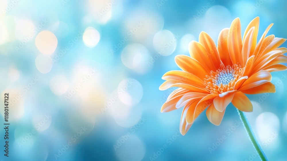 Fototapeta premium A single orange flower on a blue background