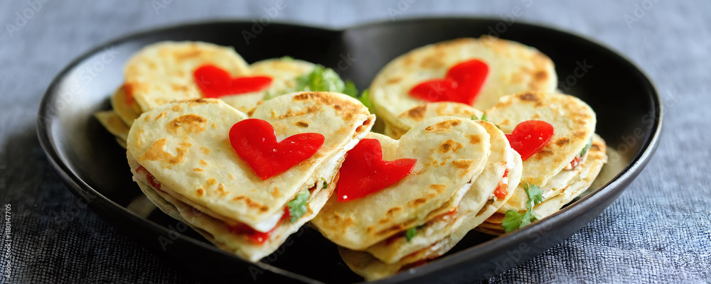 Heart-shaped quesadillas arranged in a black plate showcasing love-themed culinary creativity for a special occasion. Valentine’s Day idea, date, engagement party, love party, eat, food Heart-shaped quesadillas arranged in a black plate showcasing love-themed culinary creativity for a special occasion. Valentine’s Day idea, date, engagement party, love party, eat, food