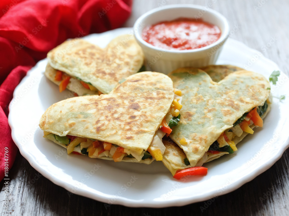 Heart-shaped quesadillas served with salsa on a rustic wooden table for a special occasion. Valentine’s Day idea, date, engagement party, love party, eat, food Heart-shaped quesadillas served with salsa on a rustic wooden table for a special occasion. Valentine’s Day idea, date, engagement party, love party, eat, food