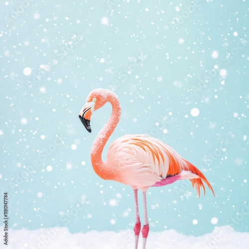 A pink flamingo standing in the snowy landscape