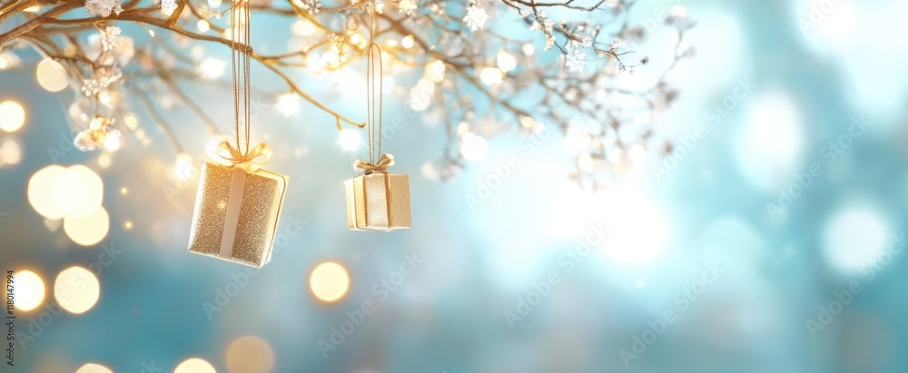 Elegant winter scene with hanging gift boxes and sparkling bokeh lights for holiday decor