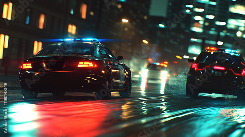 Obraz na płótnie High-speed police chase on wet city streets with dramatic lights and urban background at night w salonie