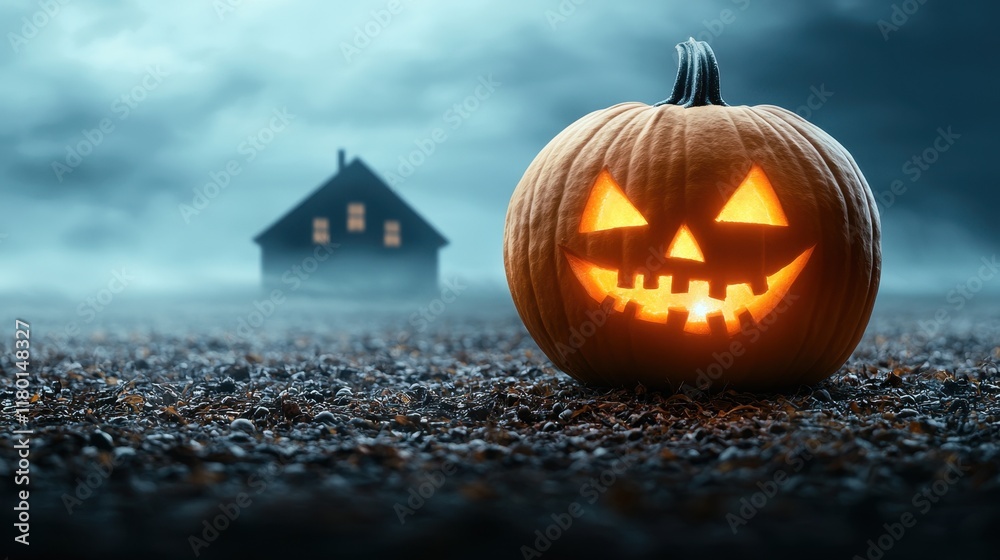 A jack-o-lantern sitting on the ground in front of a house A jack-o-lantern sitting on the ground in front of a house